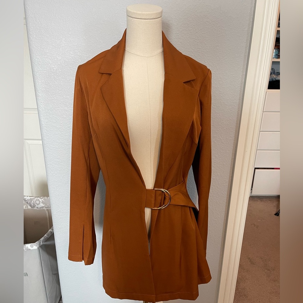 Belted Slit-Cuff Longline Blazer